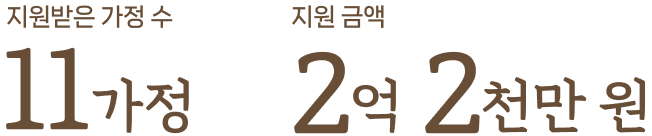 지원받은 가정 수:11가정/지원 금액:2억 2천만 원